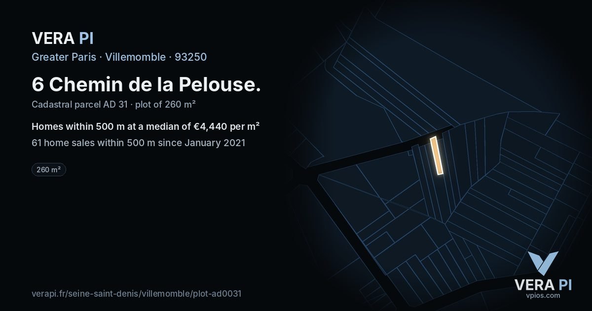 6 Chemin de la Pelouse, Villemomble at night – the plot lit, the parcels around coloured by the prices near them