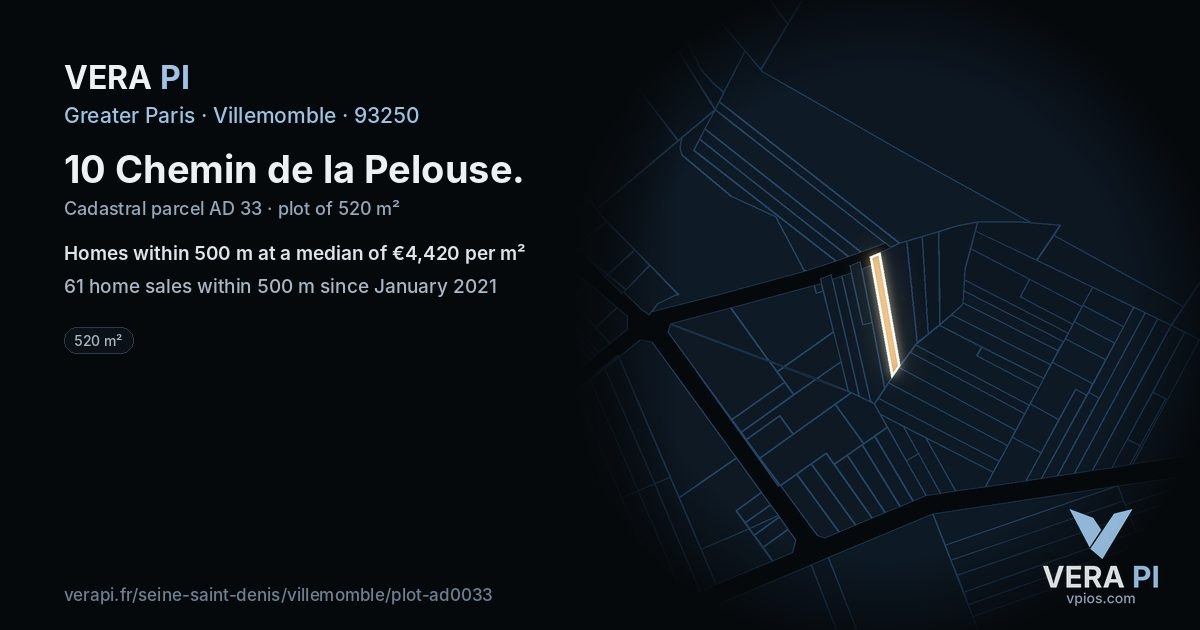 10 Chemin de la Pelouse, Villemomble at night – the plot lit, the parcels around coloured by the prices near them