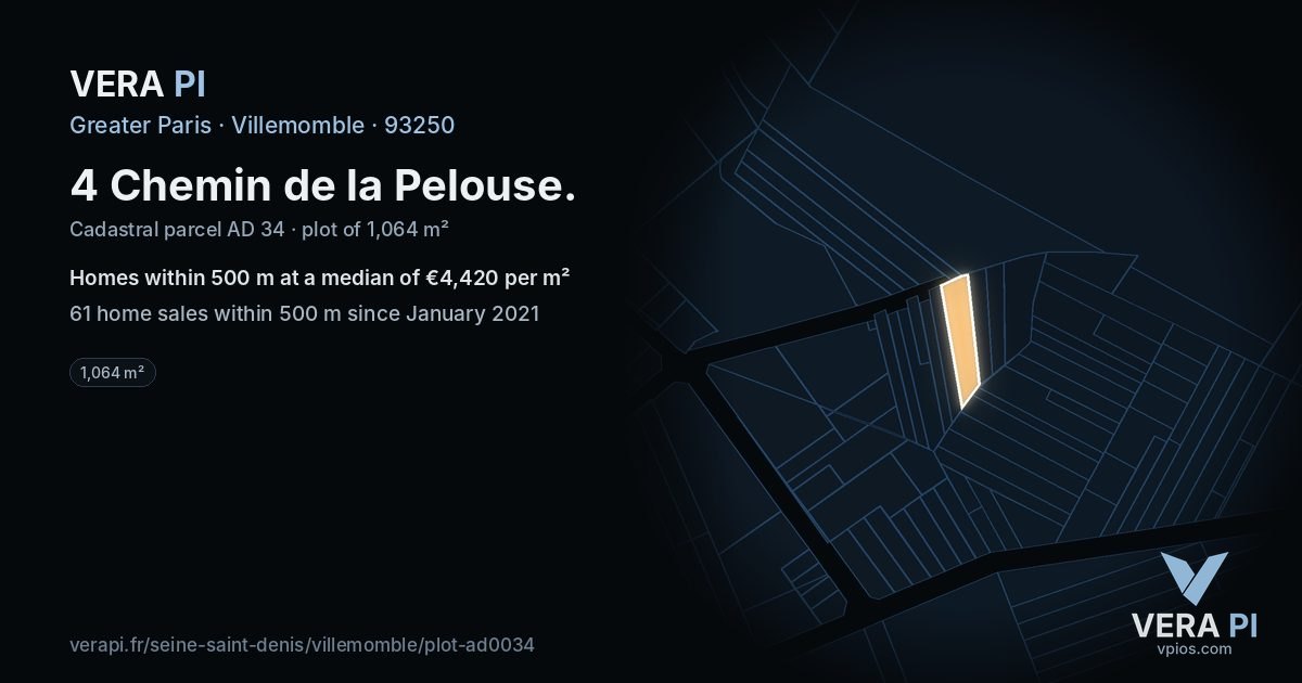 4 Chemin de la Pelouse, Villemomble at night – the plot lit, the parcels around coloured by the prices near them