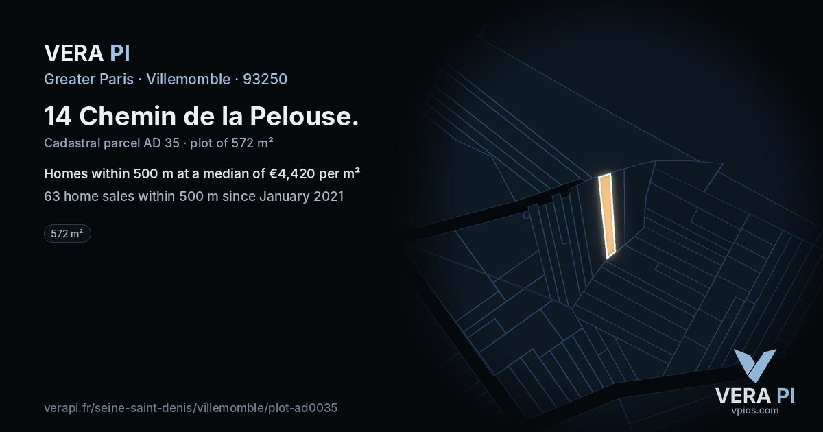 14 Chemin de la Pelouse, Villemomble at night – the plot lit, the parcels around coloured by the prices near them