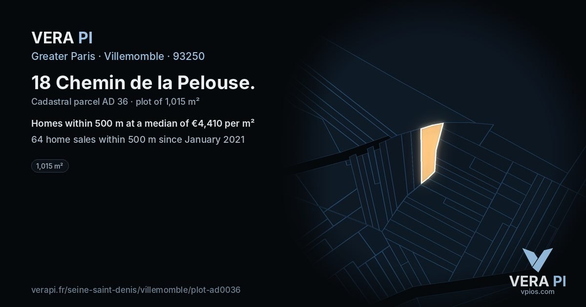 18 Chemin de la Pelouse, Villemomble at night – the plot lit, the parcels around coloured by the prices near them