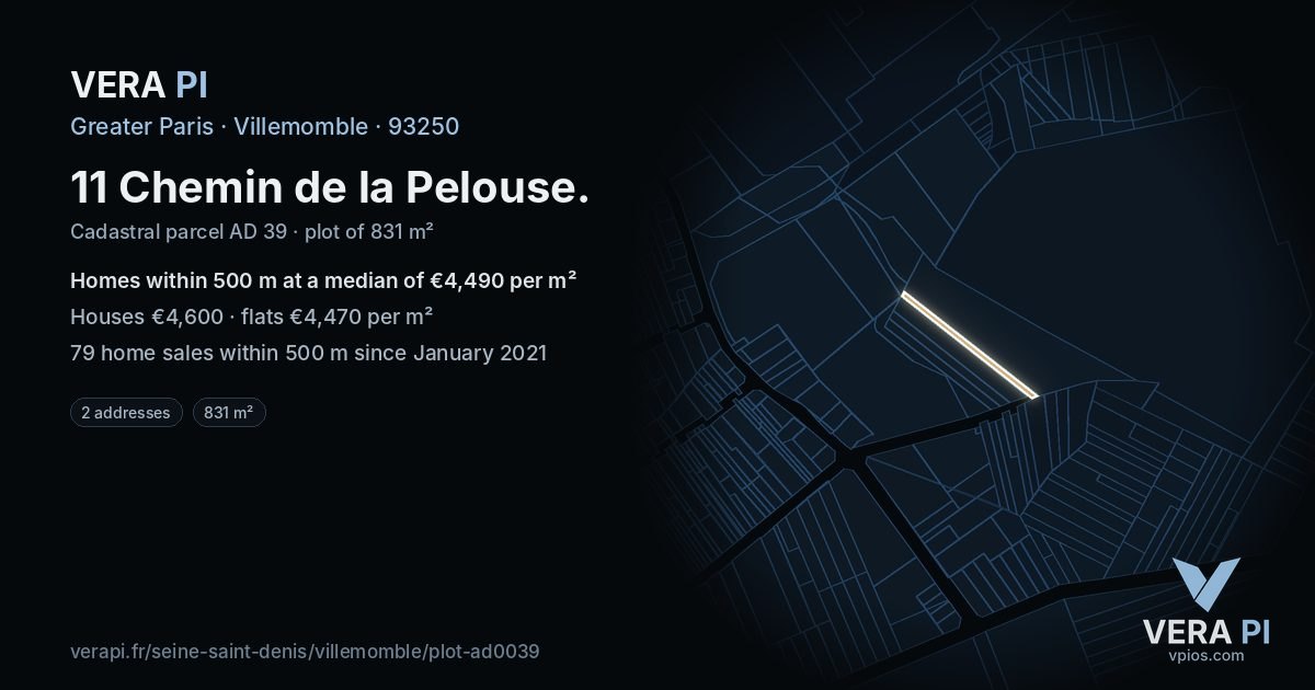 11 Chemin de la Pelouse, Villemomble at night – the plot lit, the parcels around coloured by the prices near them