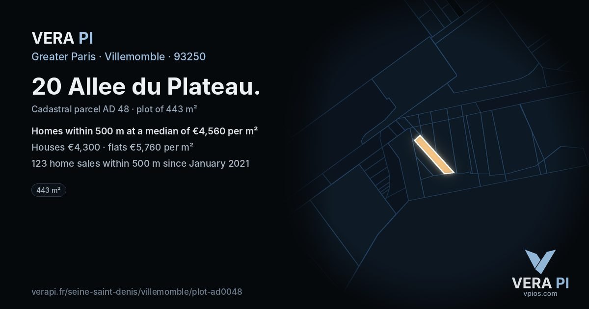 20 Allee du Plateau, Villemomble at night – the plot lit, the parcels around coloured by the prices near them