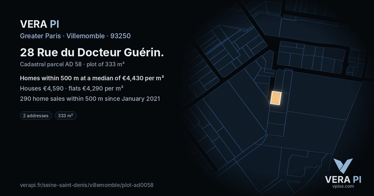 28 Rue du Docteur Guérin, Villemomble at night – the plot lit, the parcels around coloured by the prices near them