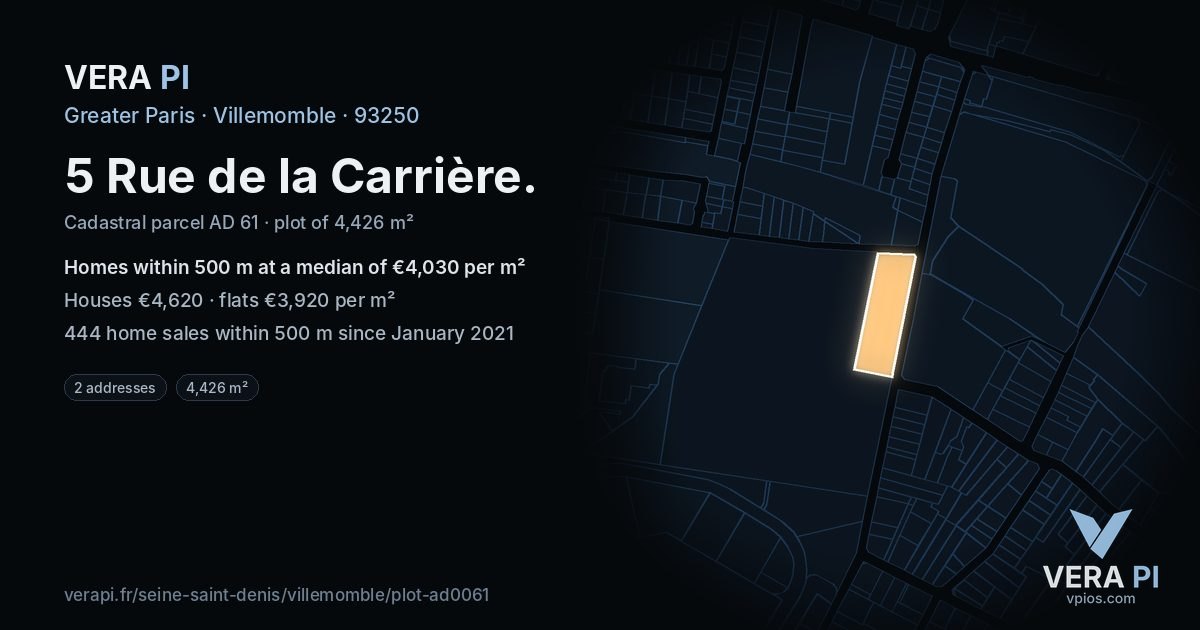 5 Rue de la Carrière, Villemomble at night – the plot lit, the parcels around coloured by the prices near them