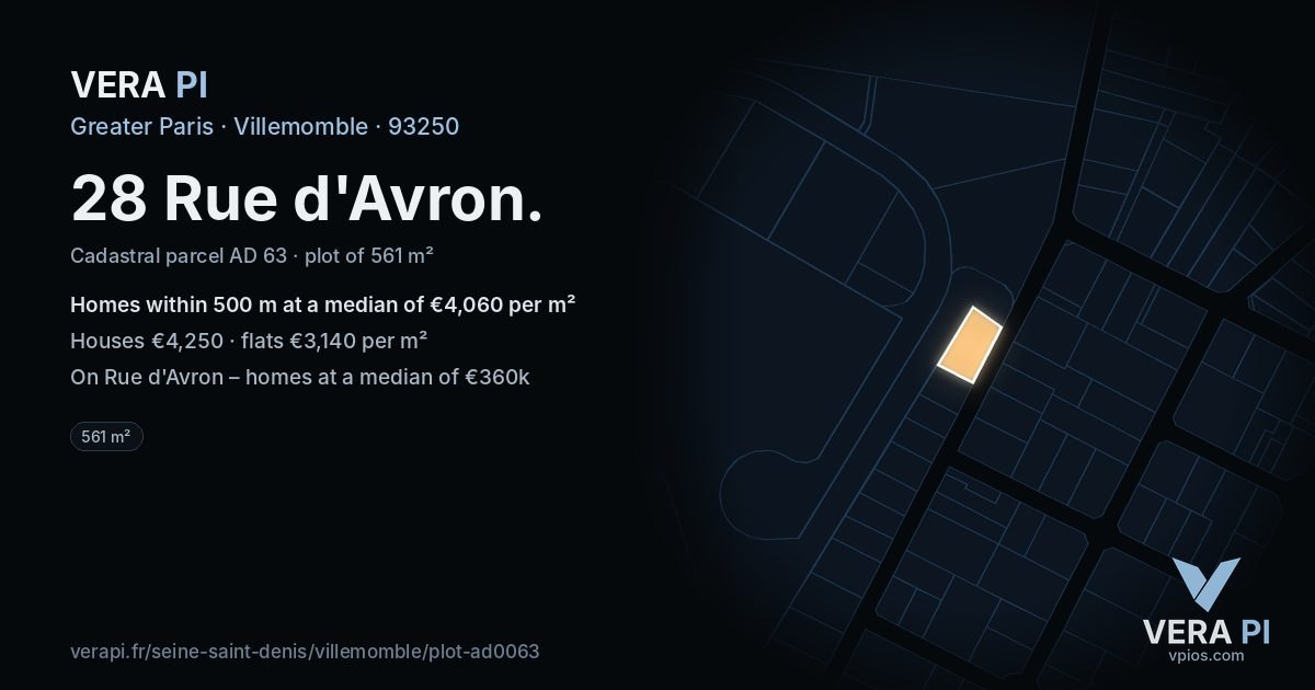 28 Rue d'Avron, Villemomble at night – the plot lit, the parcels around coloured by the prices near them