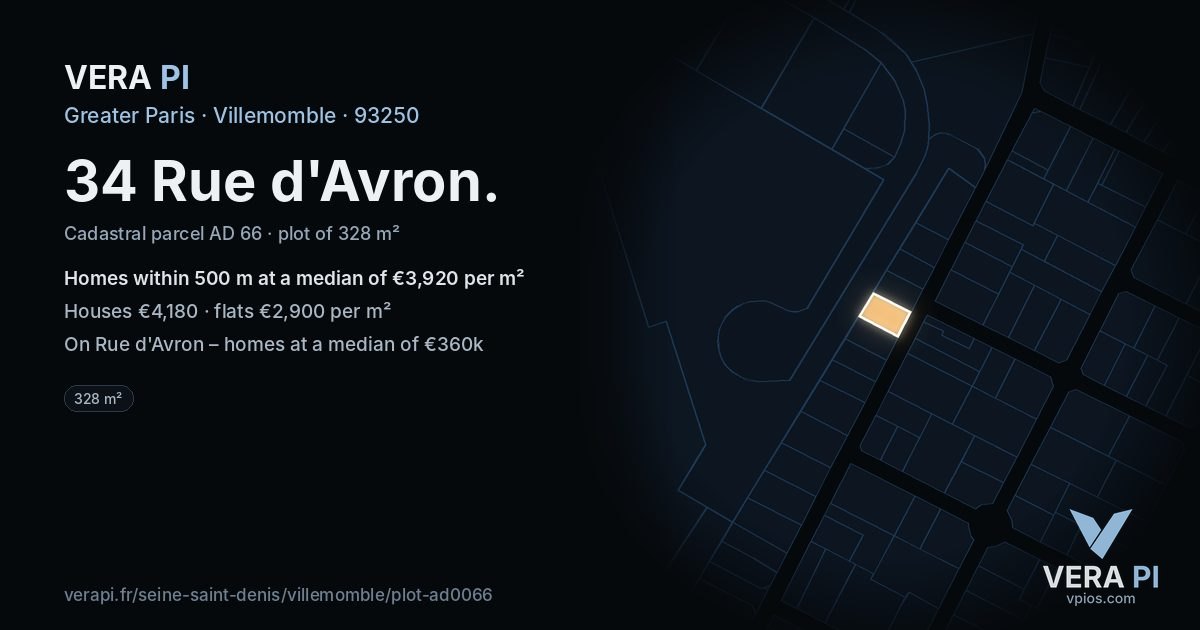 34 Rue d'Avron, Villemomble at night – the plot lit, the parcels around coloured by the prices near them