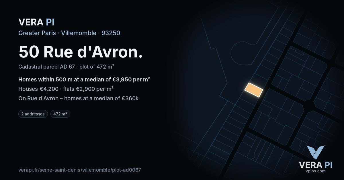 50 Rue d'Avron, Villemomble at night – the plot lit, the parcels around coloured by the prices near them