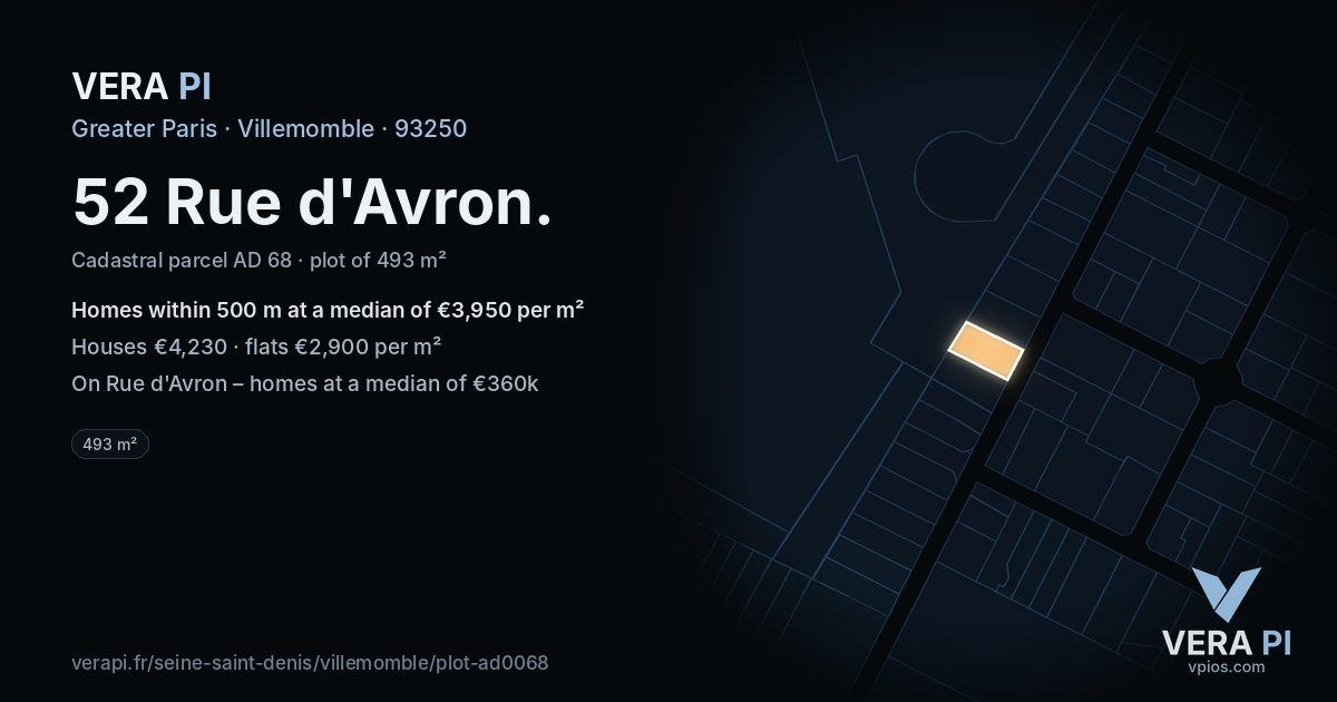 52 Rue d'Avron, Villemomble at night – the plot lit, the parcels around coloured by the prices near them