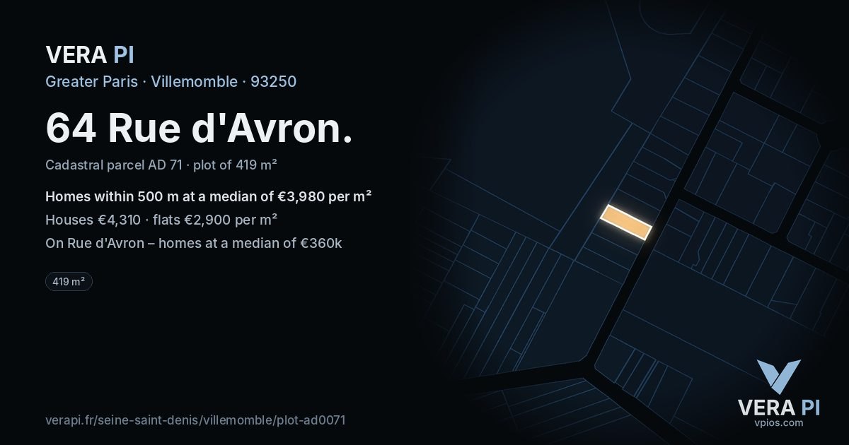 64 Rue d'Avron, Villemomble at night – the plot lit, the parcels around coloured by the prices near them