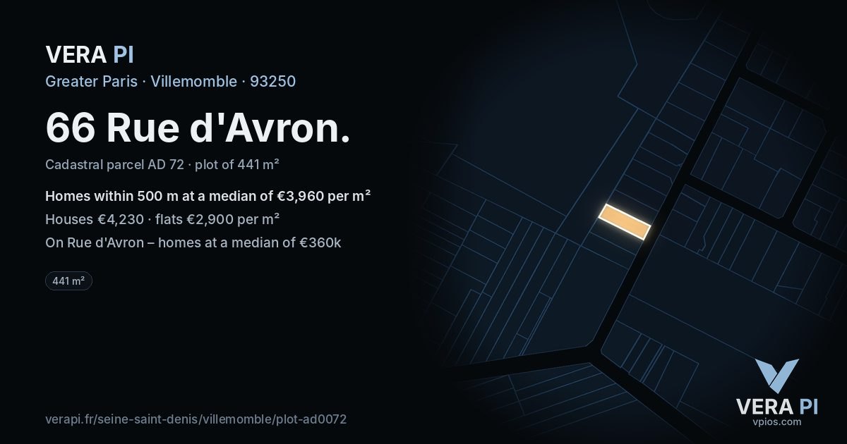 66 Rue d'Avron, Villemomble at night – the plot lit, the parcels around coloured by the prices near them