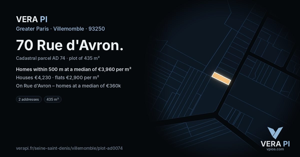 70 Rue d'Avron, Villemomble at night – the plot lit, the parcels around coloured by the prices near them