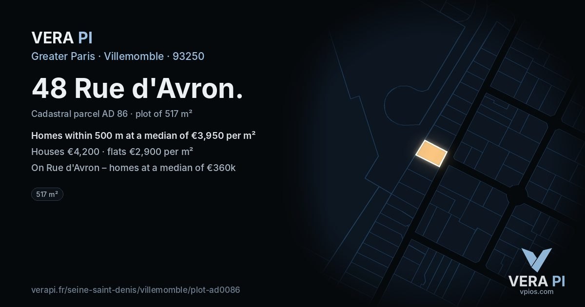 48 Rue d'Avron, Villemomble at night – the plot lit, the parcels around coloured by the prices near them