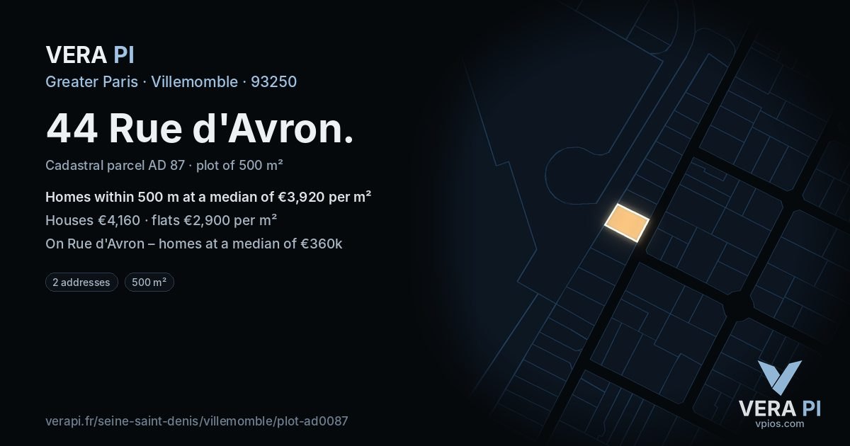 44 Rue d'Avron, Villemomble at night – the plot lit, the parcels around coloured by the prices near them