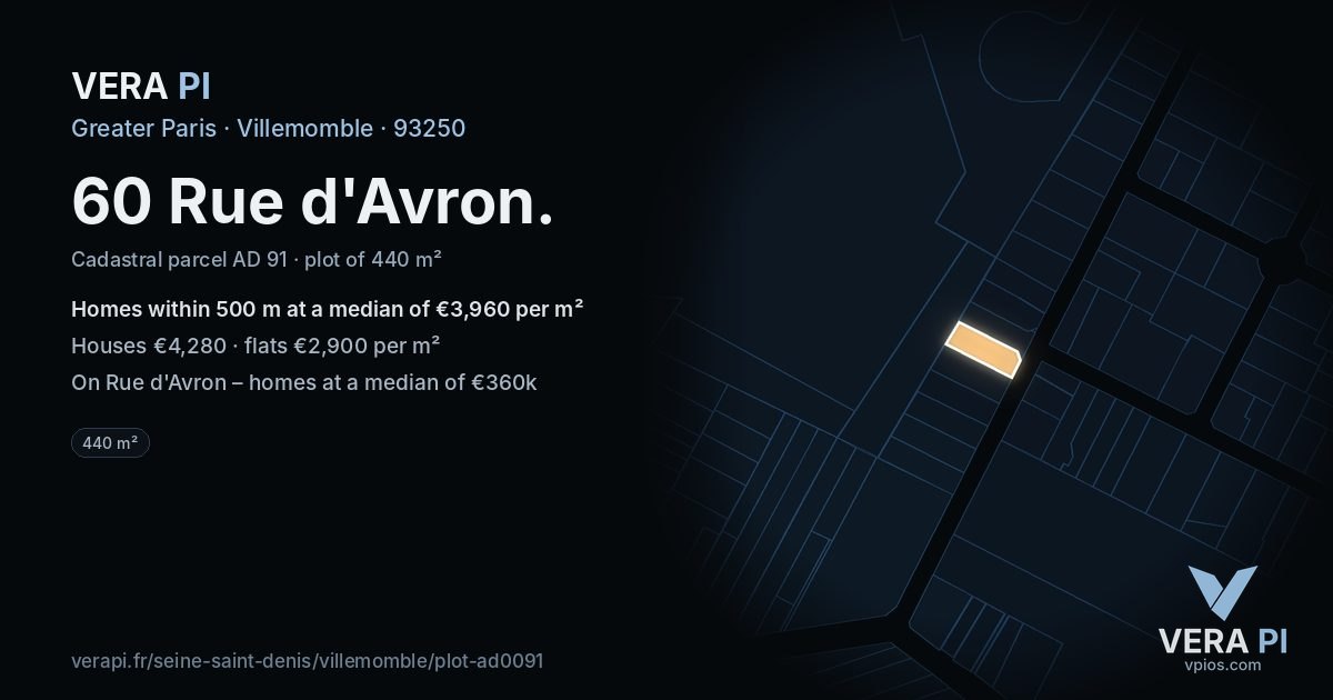 60 Rue d'Avron, Villemomble at night – the plot lit, the parcels around coloured by the prices near them