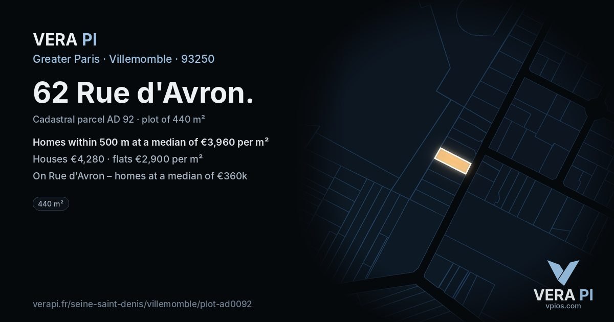 62 Rue d'Avron, Villemomble at night – the plot lit, the parcels around coloured by the prices near them