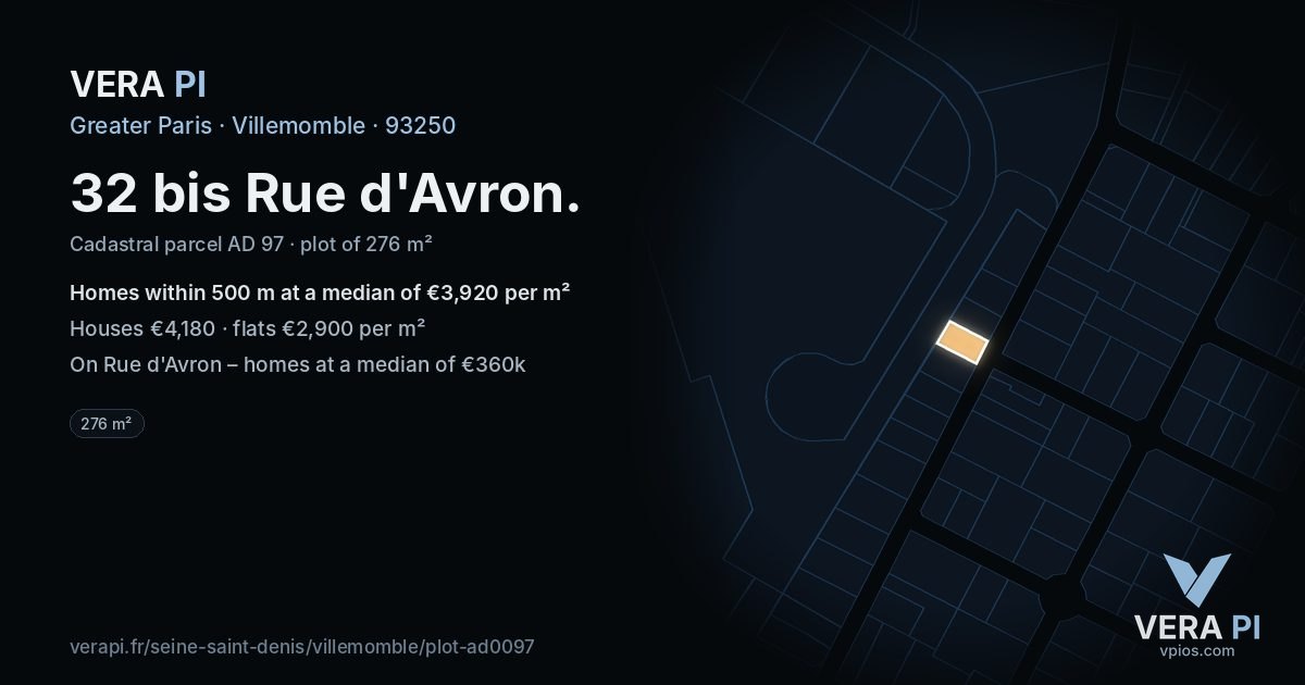 32 bis Rue d'Avron, Villemomble at night – the plot lit, the parcels around coloured by the prices near them
