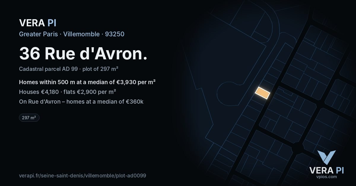36 Rue d'Avron, Villemomble at night – the plot lit, the parcels around coloured by the prices near them