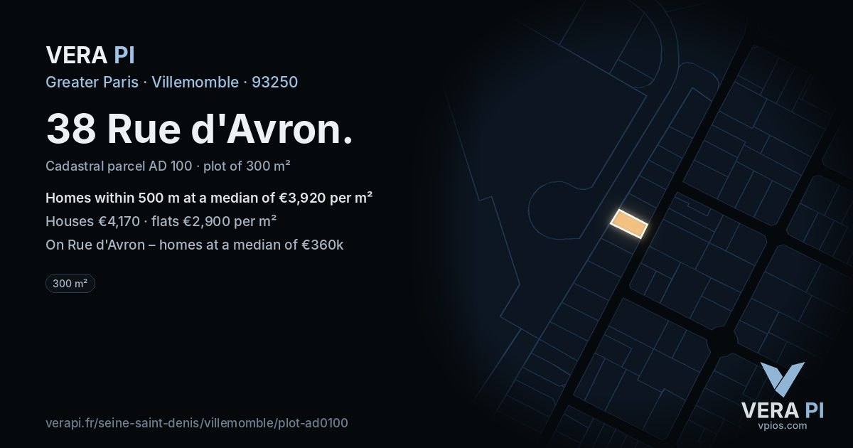 38 Rue d'Avron, Villemomble at night – the plot lit, the parcels around coloured by the prices near them