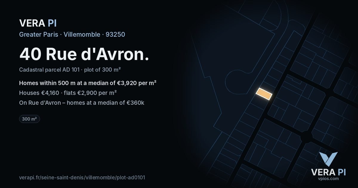 40 Rue d'Avron, Villemomble at night – the plot lit, the parcels around coloured by the prices near them