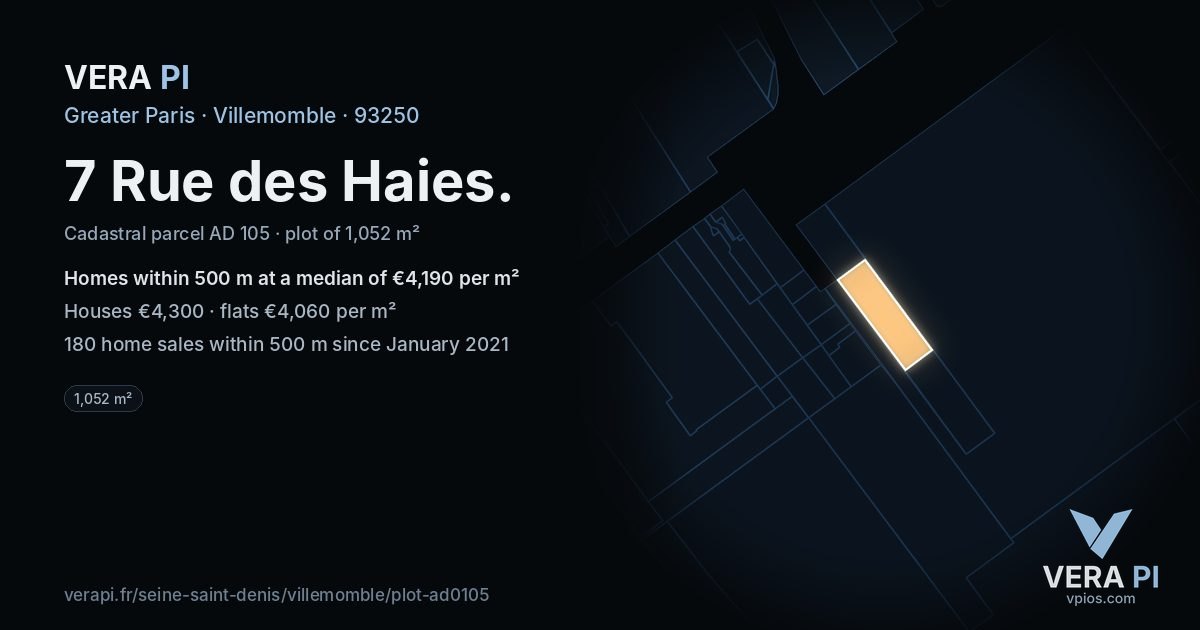 7 Rue des Haies, Villemomble at night – the plot lit, the parcels around coloured by the prices near them