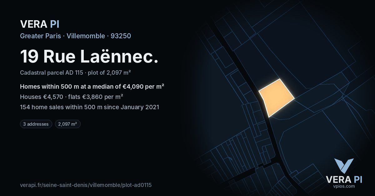 19 Rue Laënnec, Villemomble at night – the plot lit, the parcels around coloured by the prices near them