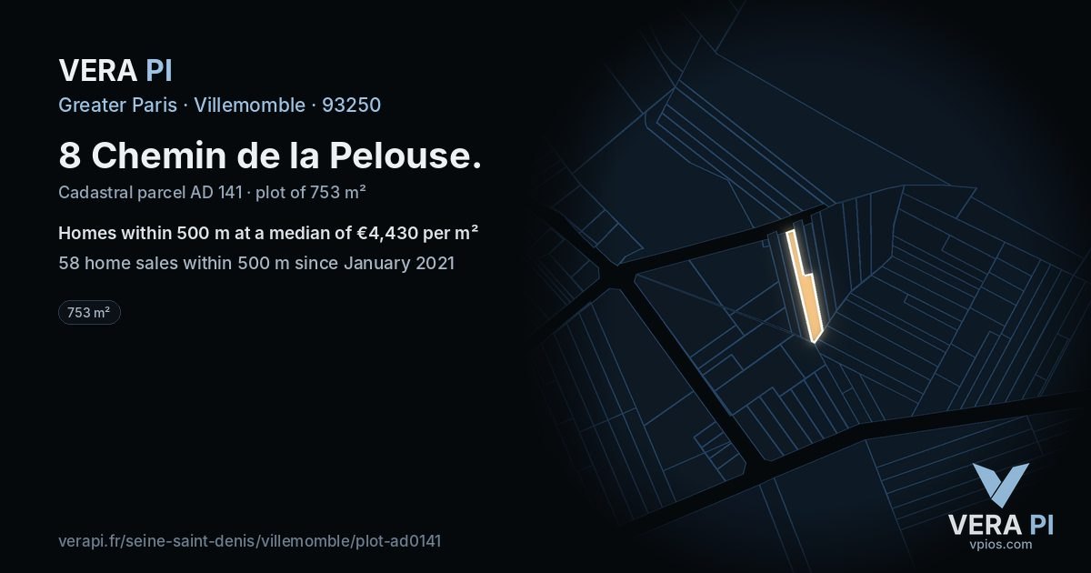 8 Chemin de la Pelouse, Villemomble at night – the plot lit, the parcels around coloured by the prices near them