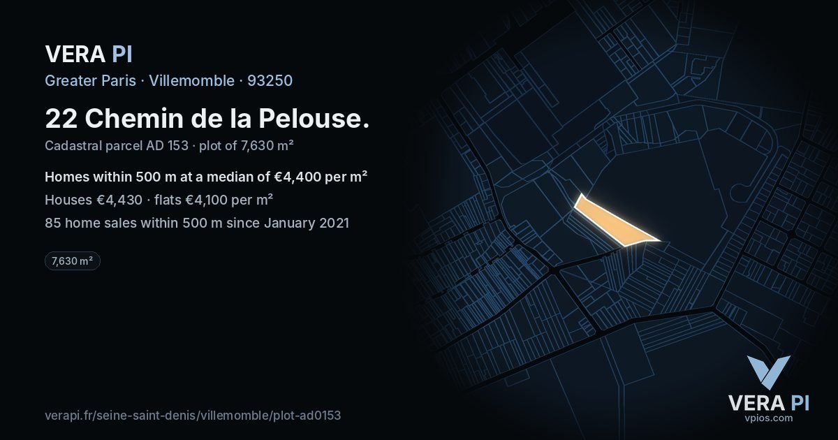 22 Chemin de la Pelouse, Villemomble at night – the plot lit, the parcels around coloured by the prices near them
