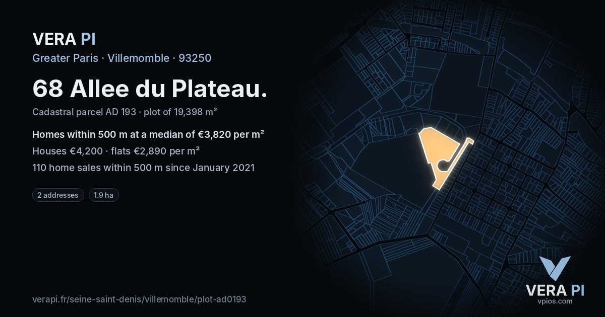 68 Allee du Plateau, Villemomble at night – the plot lit, the parcels around coloured by the prices near them