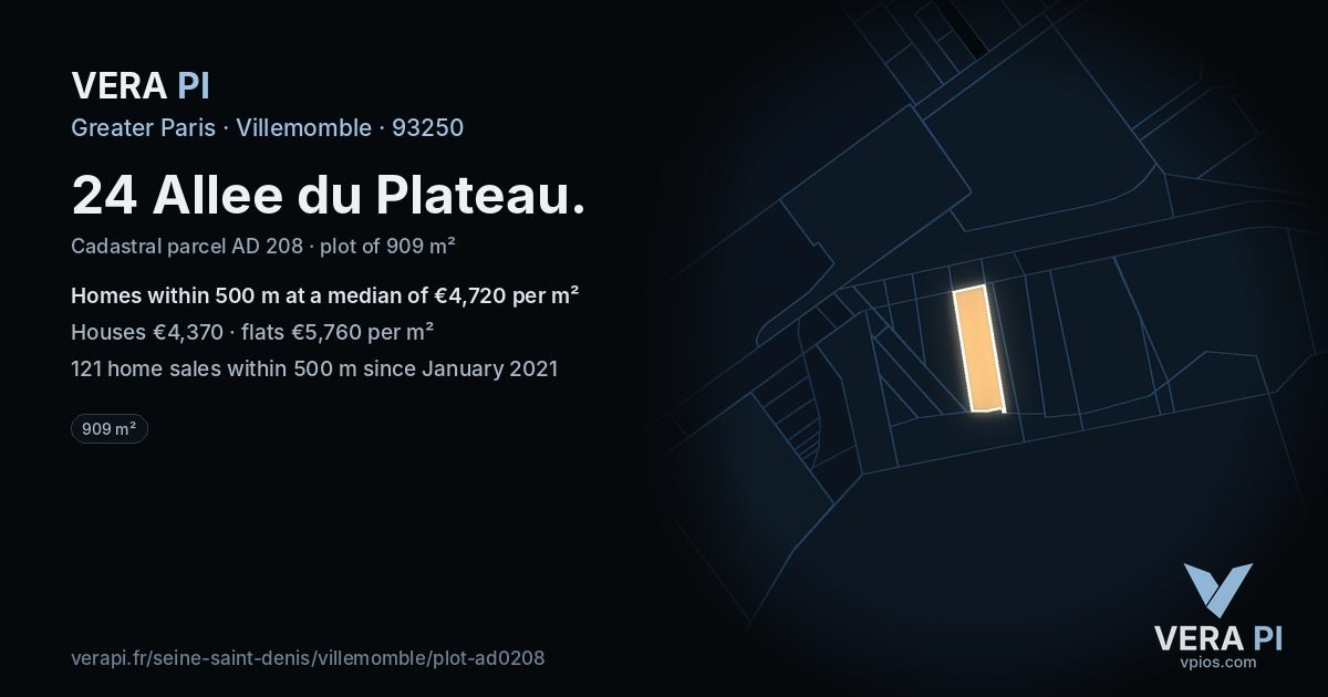 24 Allee du Plateau, Villemomble at night – the plot lit, the parcels around coloured by the prices near them