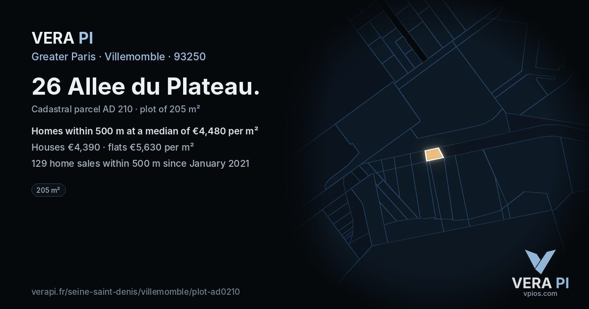 26 Allee du Plateau, Villemomble at night – the plot lit, the parcels around coloured by the prices near them