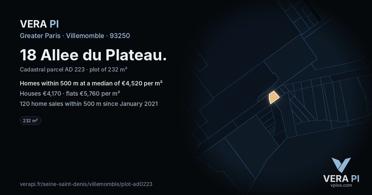 18 Allee du Plateau, Villemomble at night – the plot lit, the parcels around coloured by the prices near them