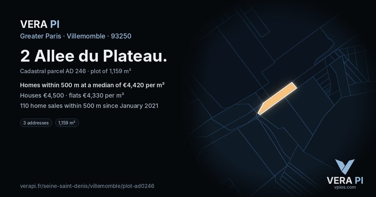 2 Allee du Plateau, Villemomble at night – the plot lit, the parcels around coloured by the prices near them