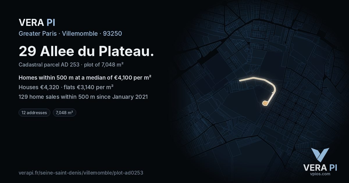 29 Allee du Plateau, Villemomble at night – the plot lit, the parcels around coloured by the prices near them