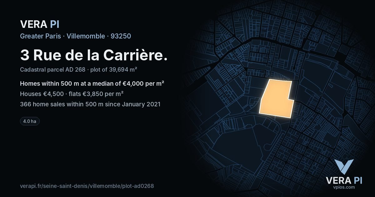 3 Rue de la Carrière, Villemomble at night – the plot lit, the parcels around coloured by the prices near them