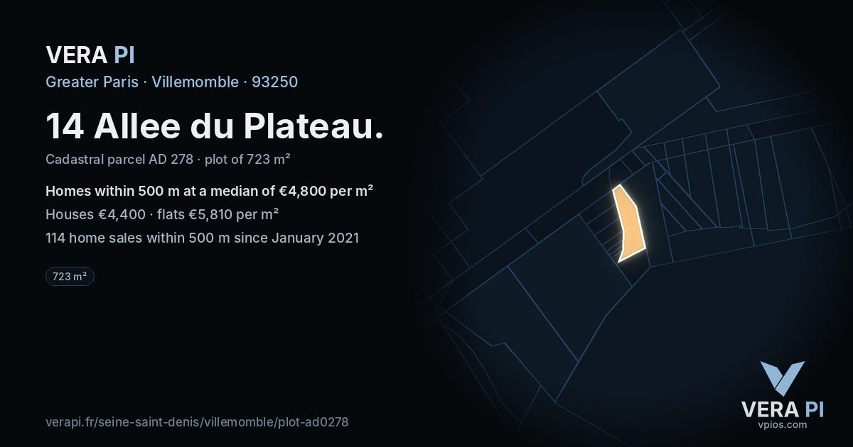 14 Allee du Plateau, Villemomble at night – the plot lit, the parcels around coloured by the prices near them