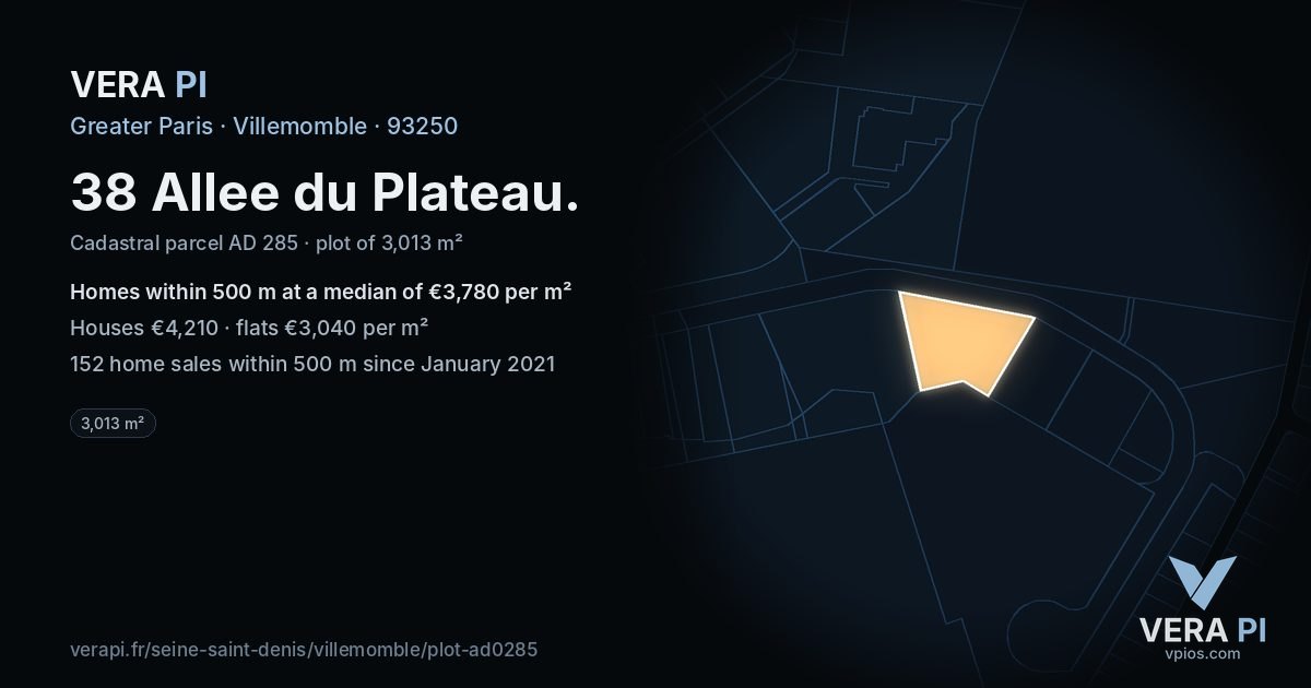 38 Allee du Plateau, Villemomble at night – the plot lit, the parcels around coloured by the prices near them