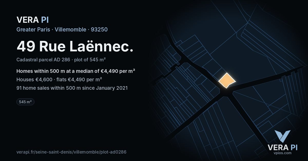 49 Rue Laënnec, Villemomble at night – the plot lit, the parcels around coloured by the prices near them