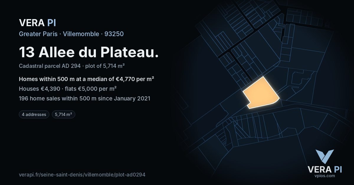 13 Allee du Plateau, Villemomble at night – the plot lit, the parcels around coloured by the prices near them