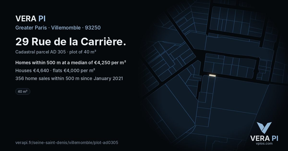 29 Rue de la Carrière, Villemomble at night – the plot lit, the parcels around coloured by the prices near them