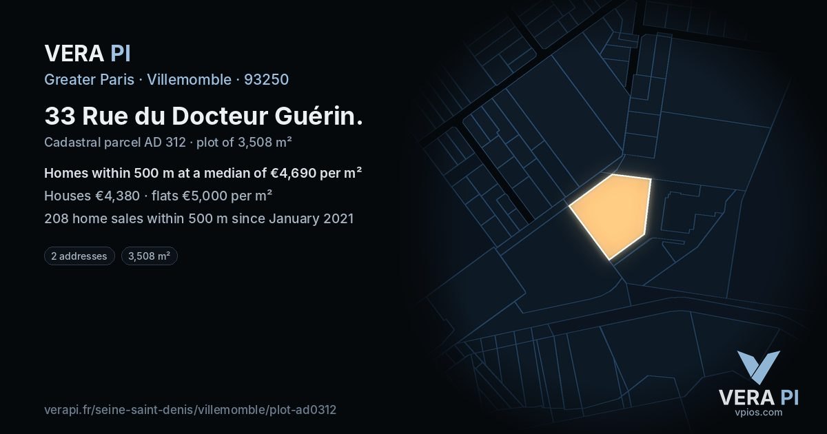 33 Rue du Docteur Guérin, Villemomble at night – the plot lit, the parcels around coloured by the prices near them
