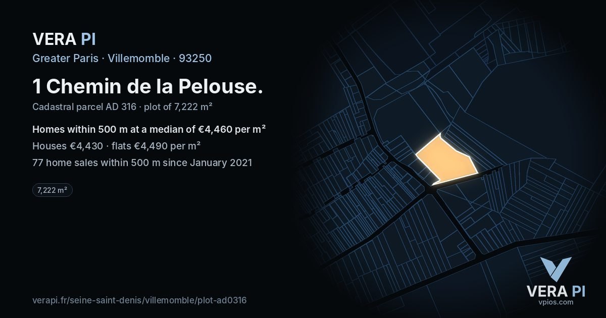 1 Chemin de la Pelouse, Villemomble at night – the plot lit, the parcels around coloured by the prices near them