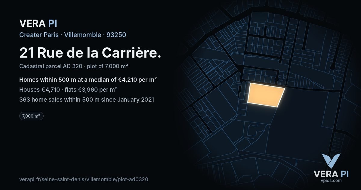 21 Rue de la Carrière, Villemomble at night – the plot lit, the parcels around coloured by the prices near them