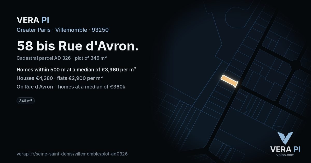 58 bis Rue d'Avron, Villemomble at night – the plot lit, the parcels around coloured by the prices near them