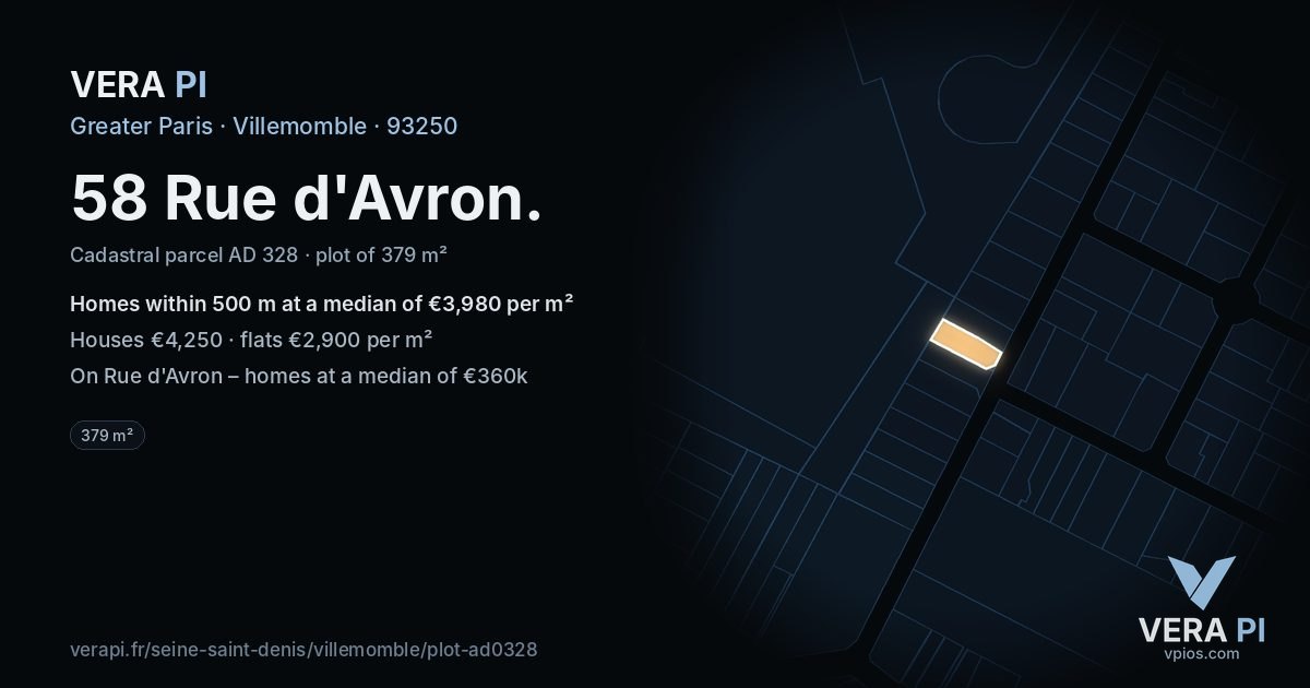 58 Rue d'Avron, Villemomble at night – the plot lit, the parcels around coloured by the prices near them