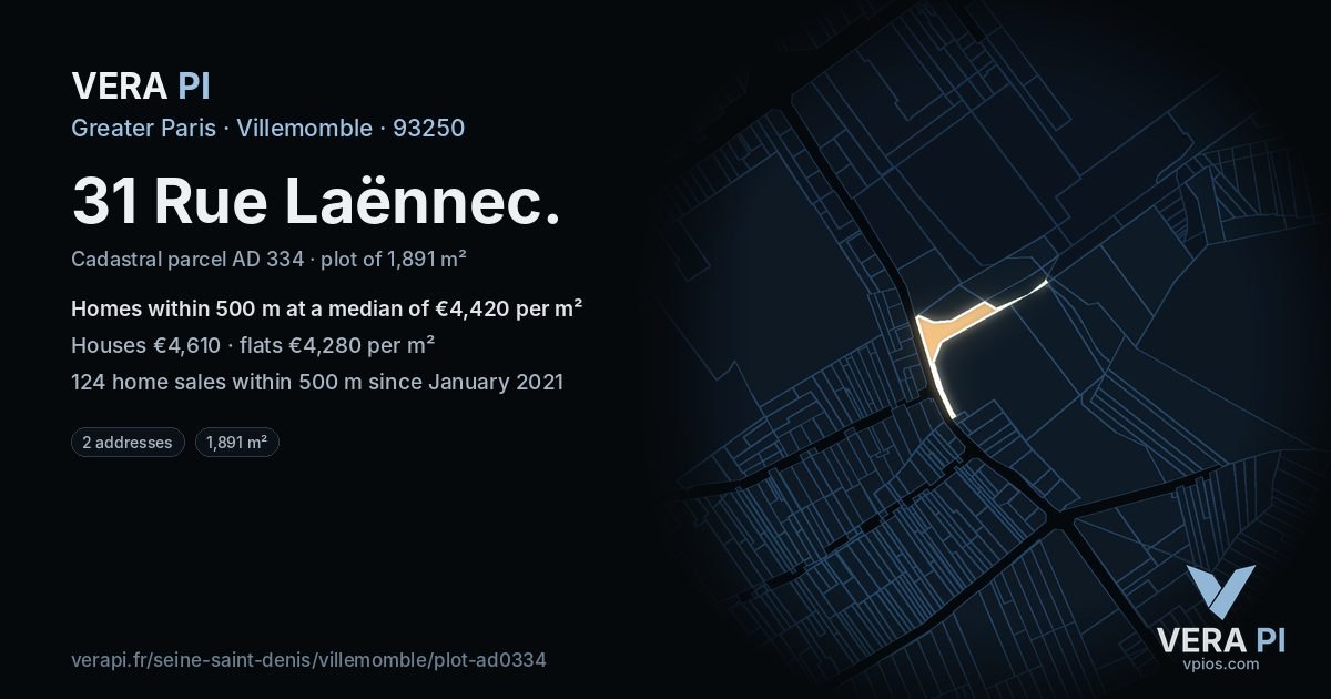 31 Rue Laënnec, Villemomble at night – the plot lit, the parcels around coloured by the prices near them