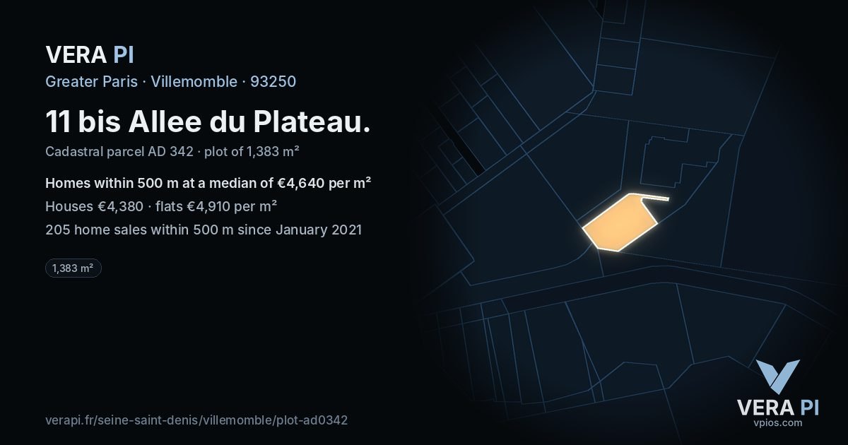 11 bis Allee du Plateau, Villemomble at night – the plot lit, the parcels around coloured by the prices near them