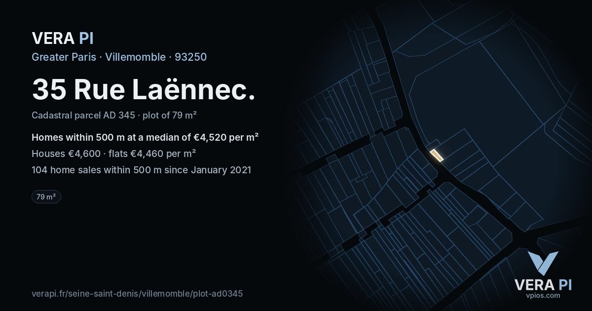35 Rue Laënnec, Villemomble at night – the plot lit, the parcels around coloured by the prices near them
