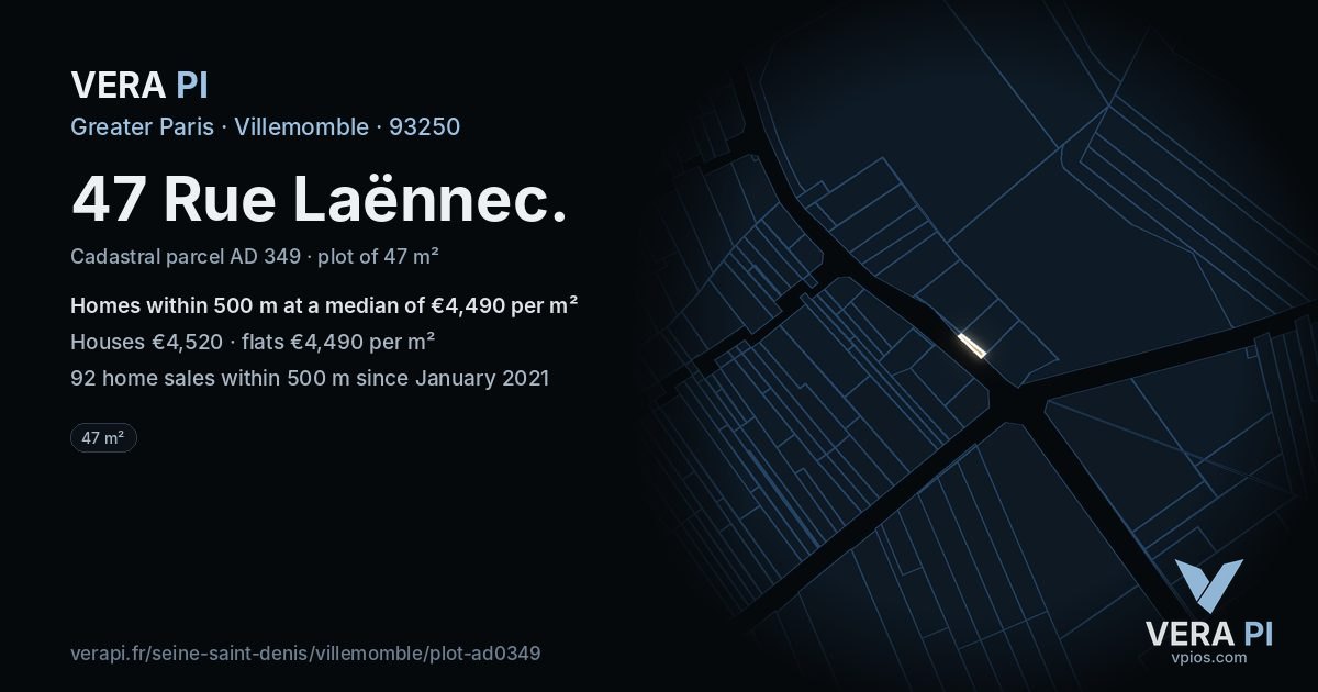 47 Rue Laënnec, Villemomble at night – the plot lit, the parcels around coloured by the prices near them