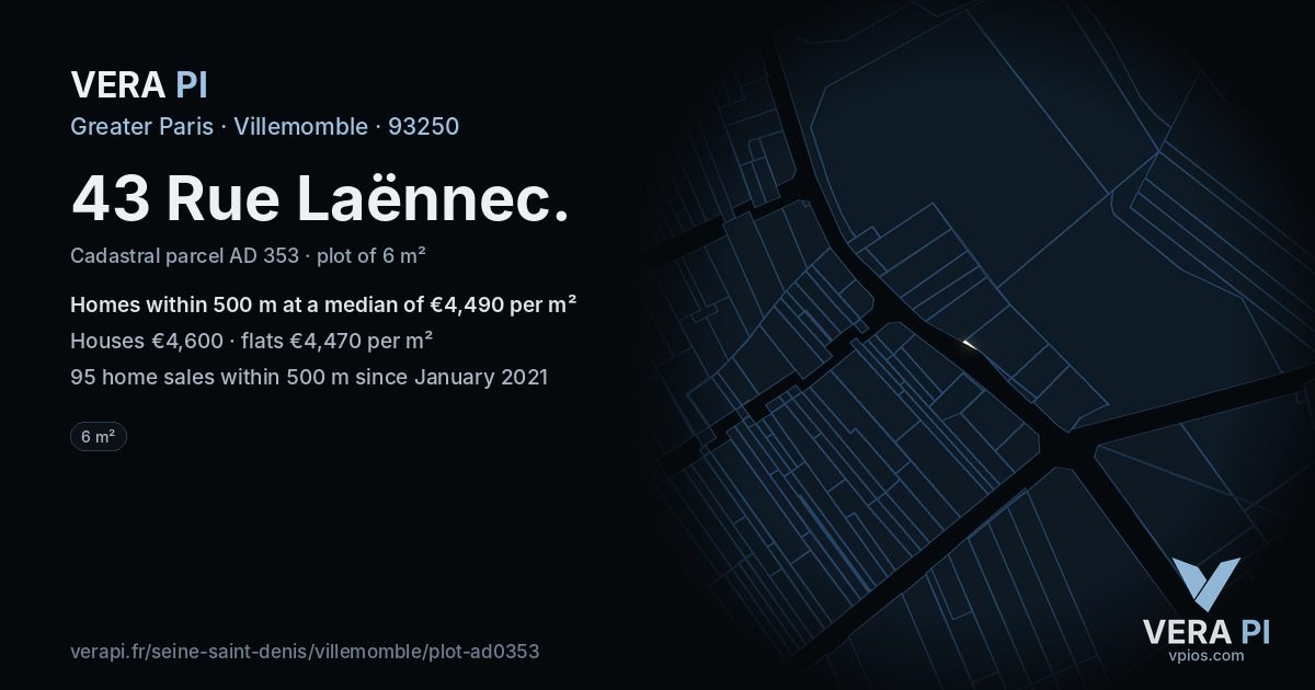 43 Rue Laënnec, Villemomble at night – the plot lit, the parcels around coloured by the prices near them